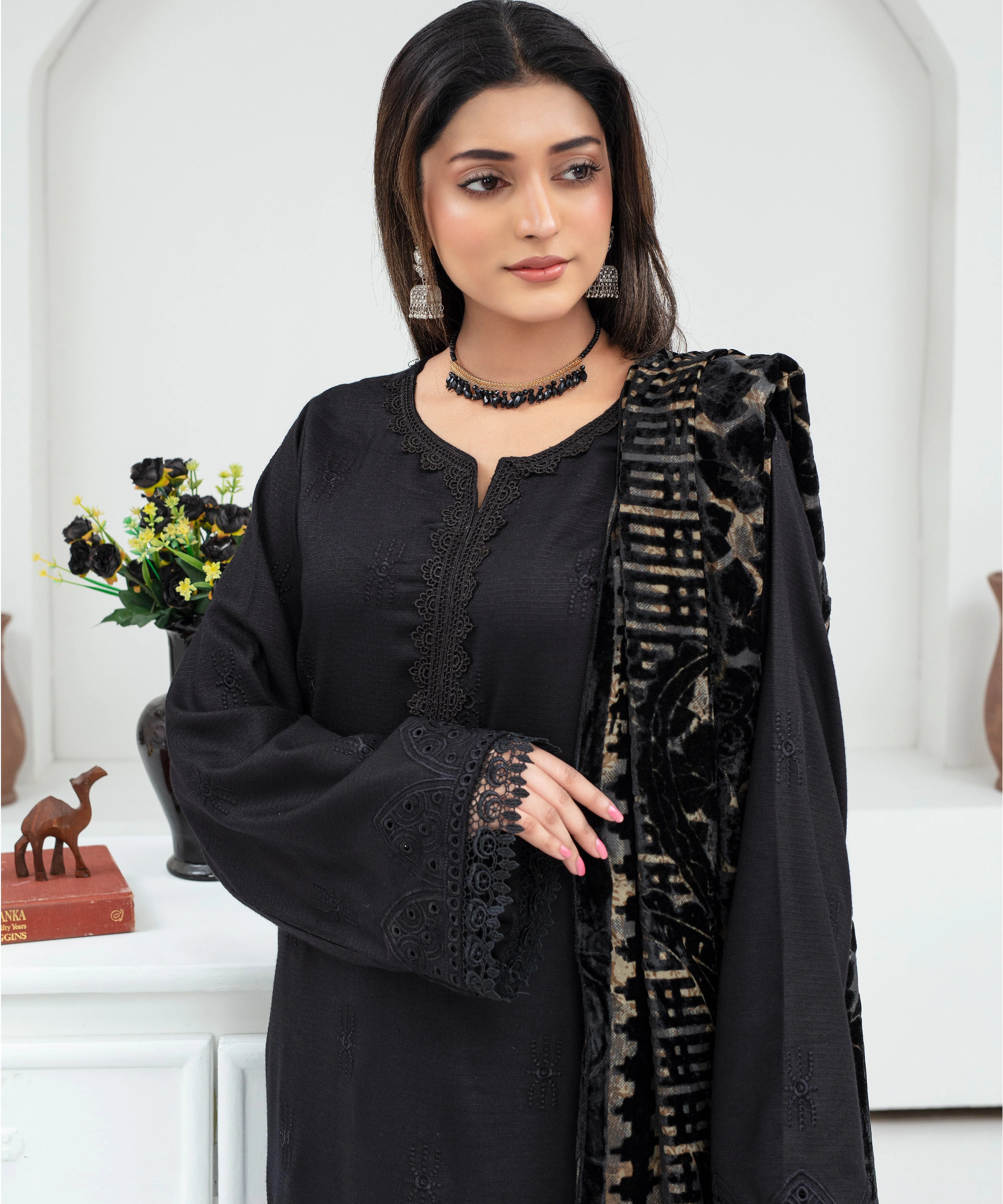 CREATION Dhanak 3PC Chikankari Embroidered Shirt With Velvet Plachi Shawl- 2107 - Image 3