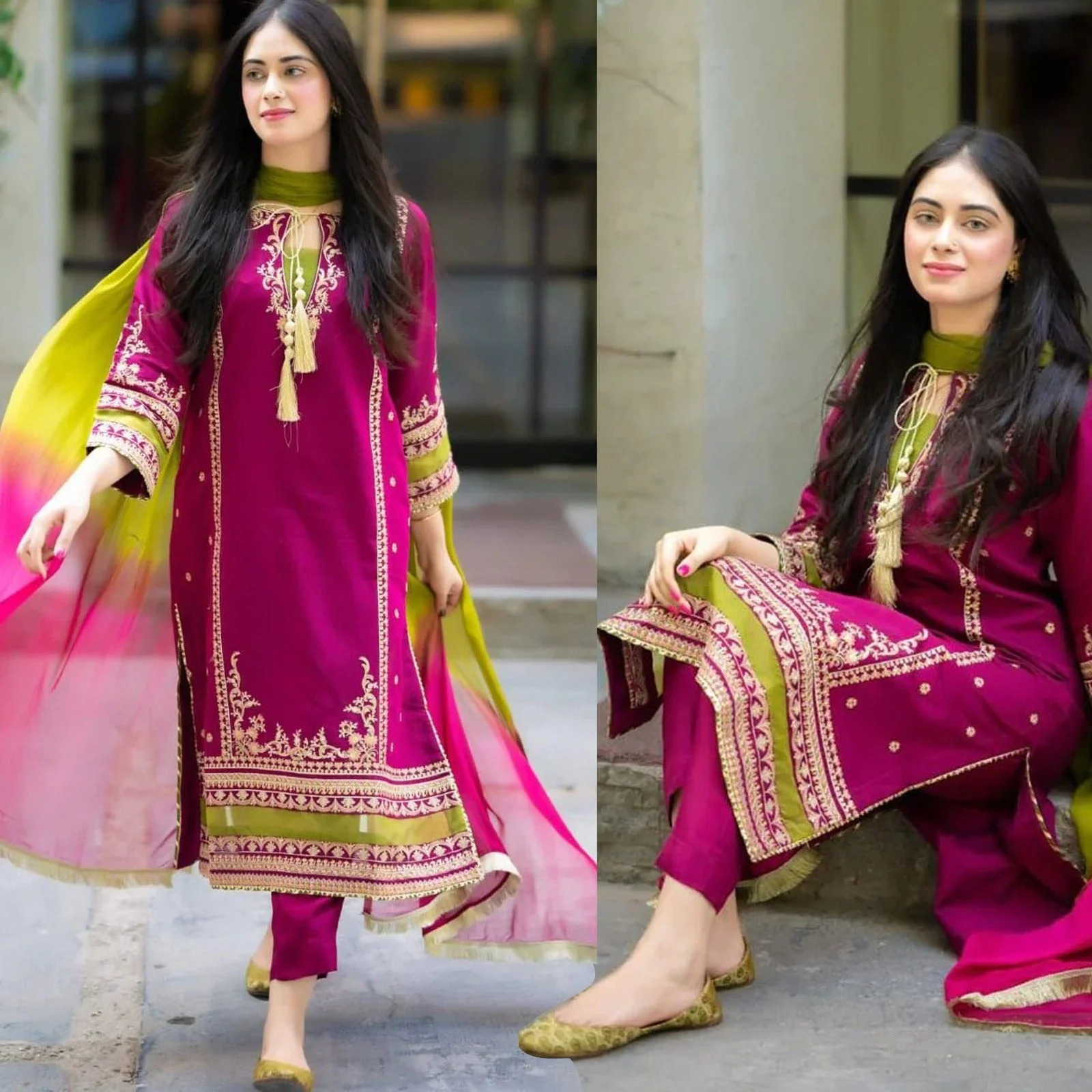 Linen 3PC Embroidered With Chiffon Dye N Dye Dupatta-1311 - Image 4